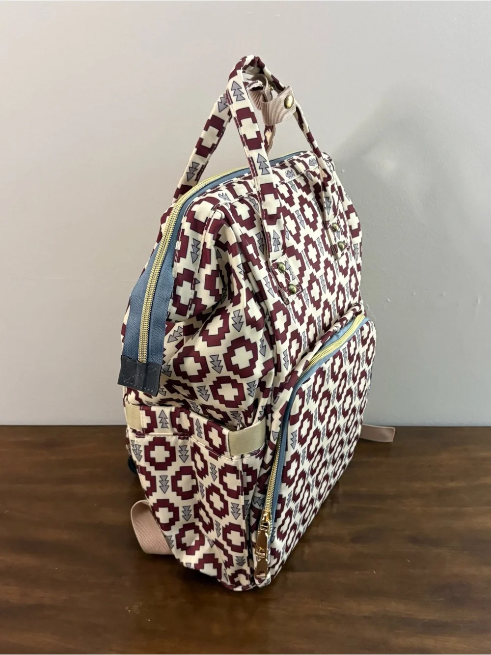 NWOT Womens Backpack Diaper Bag Cream Red Travel Bottle Pockets